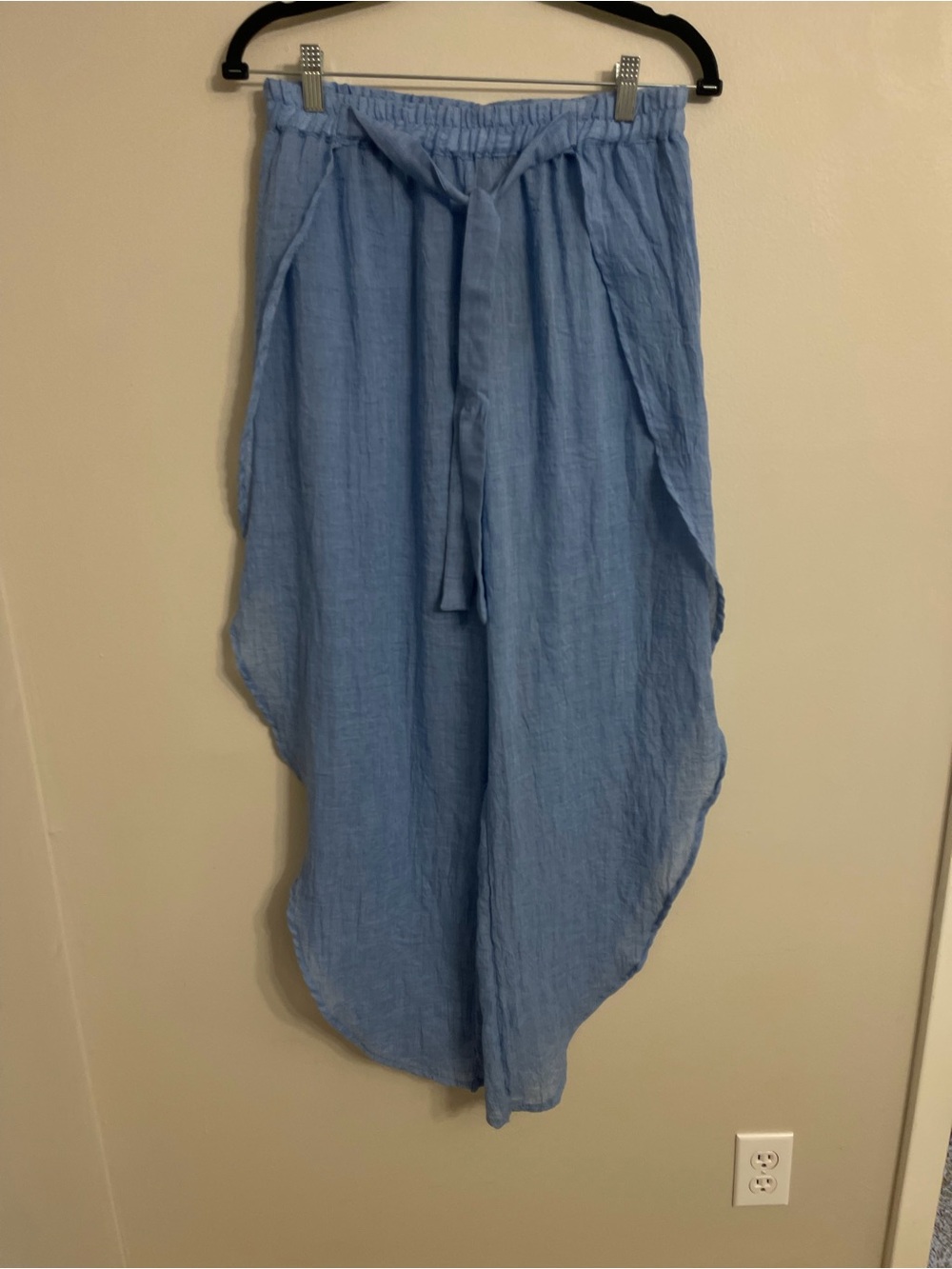 Light Blue Wide-Leg Drawstring Linen Blend Pants